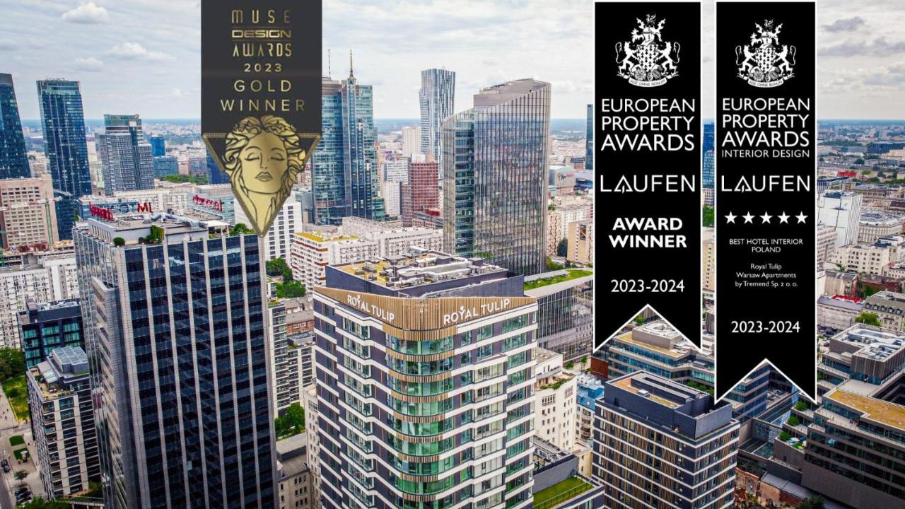 Апарт отель Royal Tulip Warsaw Centre Экстерьер фото The image showcases a city skyline featuring modern high-rise buildings. Prominently displayed are awards indicating recognition for excellence in design and property management. These include a gold award from the "MUSE Design Awards 2023" and a win